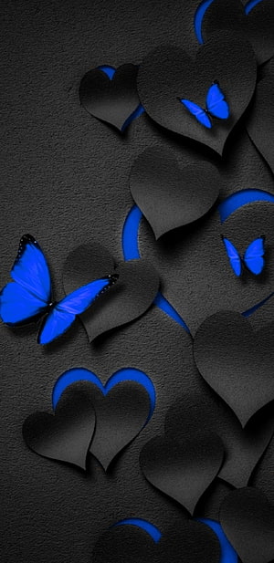 Blue Morpho Butterflies on Black Paper Hearts 3D Art HD phone wallpaper