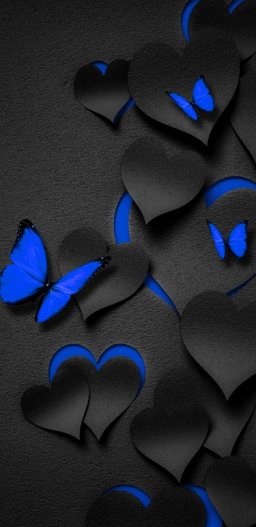 Blue Morpho Butterflies on Black Paper Hearts 3D Art HD phone wallpaper