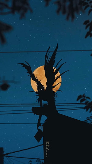 Silhouette of a winged creature perched on a rooftop against a full moon and starry night sky HD phone wallpaper