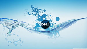 Dell Logo Centered in Blue Water Splash with Decorative Floral Swirls and Bubbles HD wallpaper