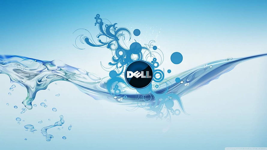 Dell Logo Centered in Blue Water Splash with Decorative Floral Swirls and Bubbles HD wallpaper