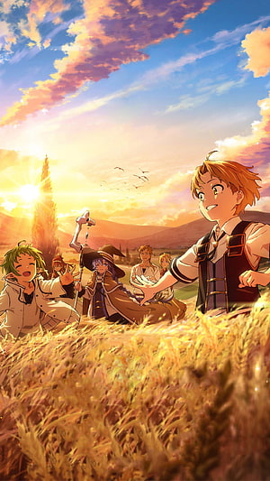 Wandering Witch The Journey of Elaina Anime Group in Golden Wheat Field at Sunset HD phone wallpaper