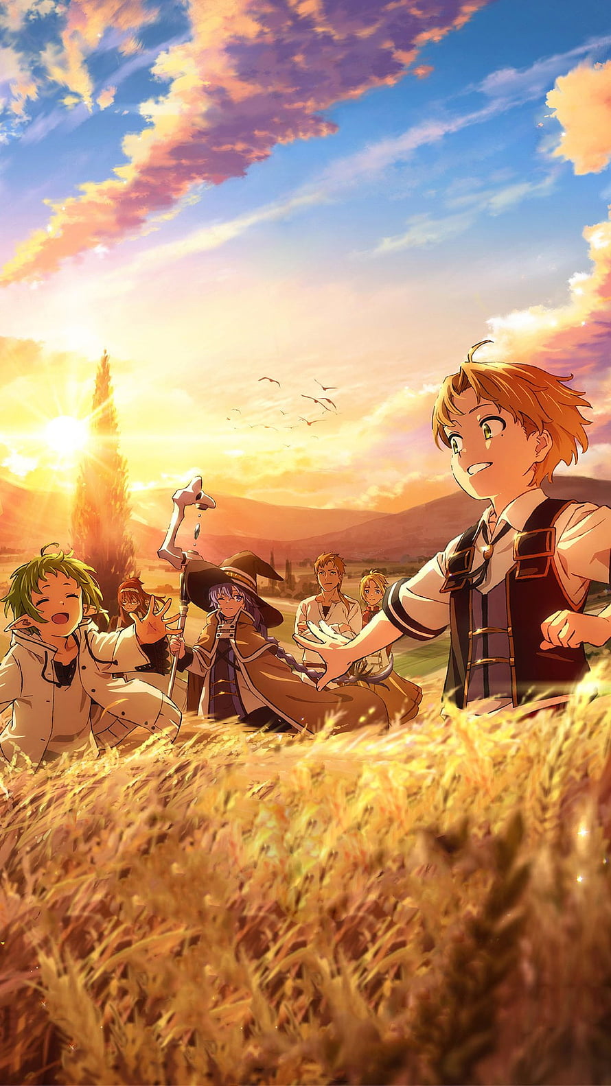 Wandering Witch The Journey of Elaina Anime Group in Golden Wheat Field at Sunset HD phone wallpaper