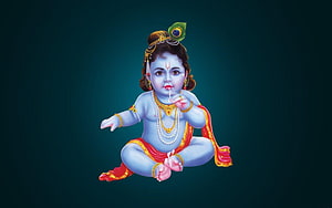 Baby Krishna Digital Illustration with Peacock Feather and Gold Jewelry on Teal Background HD wallpaper
