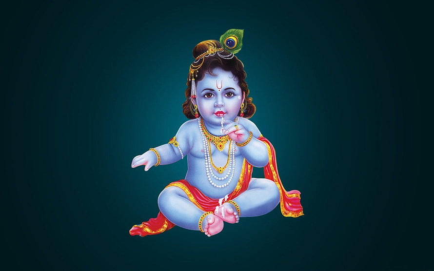 Baby Krishna Digital Illustration with Peacock Feather and Gold Jewelry on Teal Background HD wallpaper