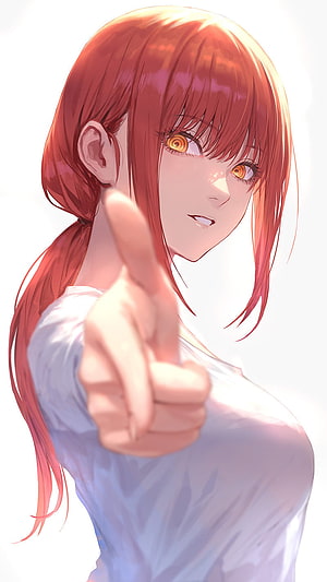 Anime Girl With Red Hair Pointing Finger Directly At Viewer In White Shirt HD phone wallpaper