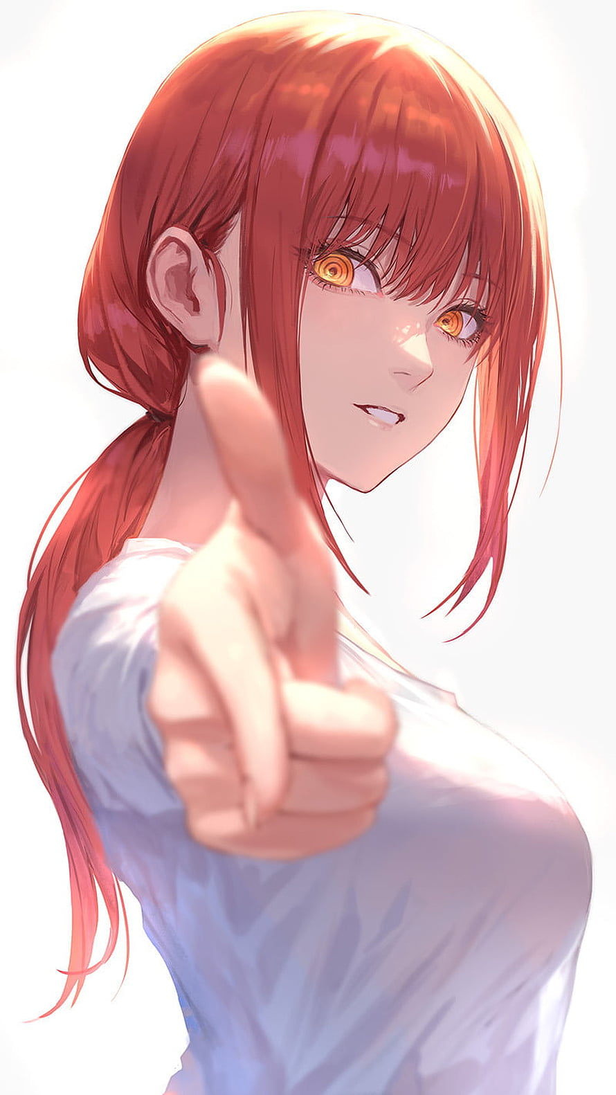 Anime Girl With Red Hair Pointing Finger Directly At Viewer In White Shirt HD phone wallpaper