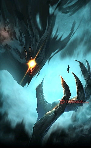 Her Summon Manhwa: Giant Claw Reaching for a Tiny Figure in a Dark Fantasy Scene HD phone wallpaper