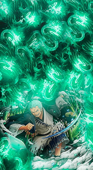 Roronoa Zoro wielding swords amidst swirling green energy and bamboo forest HD phone wallpaper