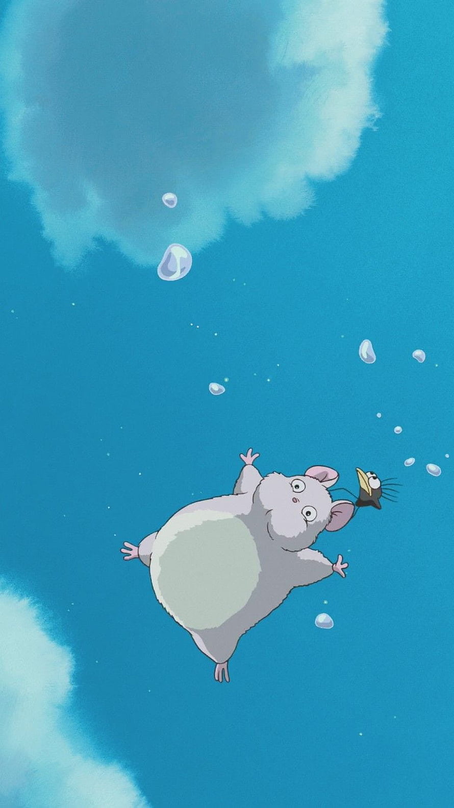 Totoro and soot sprite floating in blue sky with clouds and bubbles HD phone wallpaper