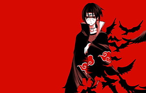 Uchiha Itachi in Akatsuki Cloak with Crows on Red Background HD wallpaper