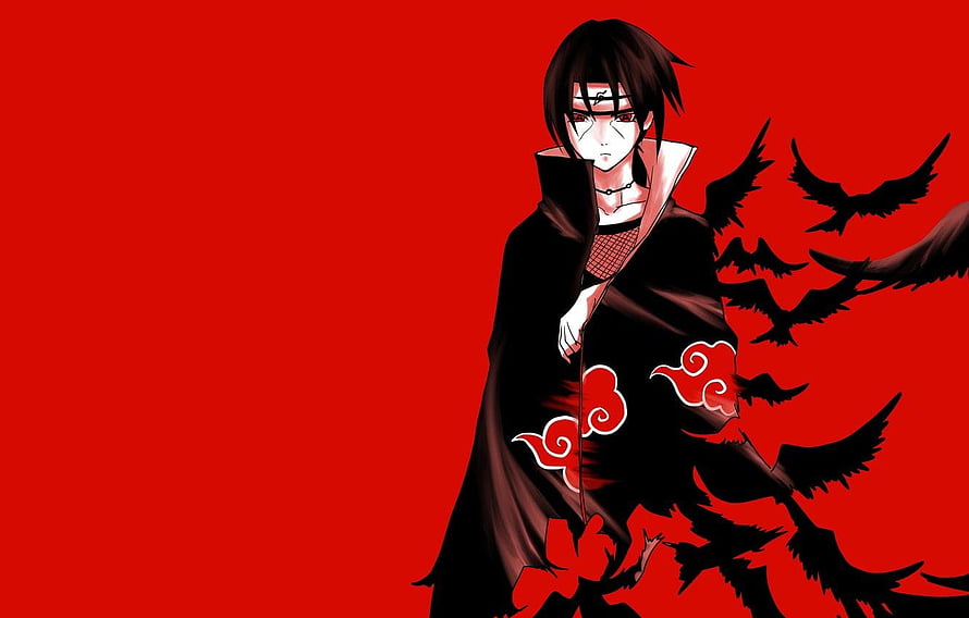 Uchiha Itachi in Akatsuki Cloak with Crows on Red Background HD wallpaper