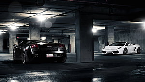 Black and White Lamborghini Gallardo Superleggera in Underground Parking Garage HD wallpaper