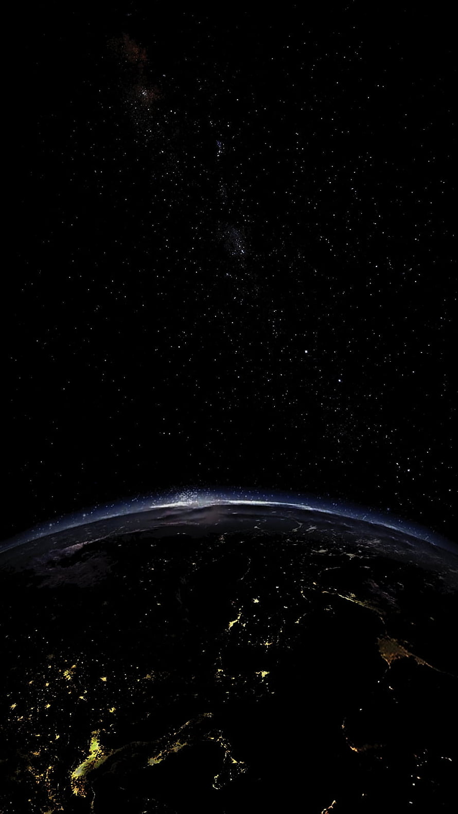 Earth at Night with City Lights and Starry Sky from Space HD phone wallpaper