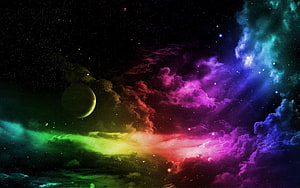 Vibrant Rainbow Nebula and Distant Planet in Deep Space HD wallpaper