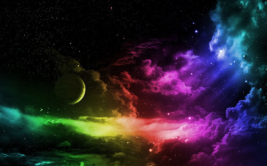 Vibrant Rainbow Nebula and Distant Planet in Deep Space HD wallpaper