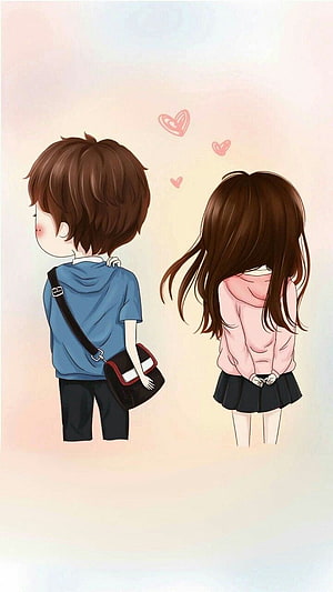 Cute Anime Couple Back View Wallpaper With Floating Hearts HD phone wallpaper