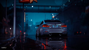 Silver BMW M4 Coupe Parked on Wet Street at Night with Neon Reflections HD wallpaper