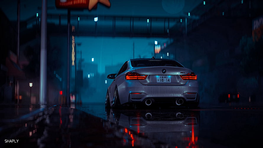 Silver BMW M4 Coupe Parked on Wet Street at Night with Neon Reflections HD wallpaper