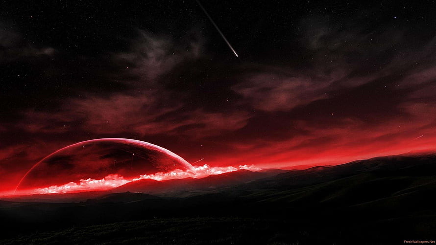 Crimson Alien Planet Rising Over Dark Mountainous Landscape with Meteor Trail HD wallpaper