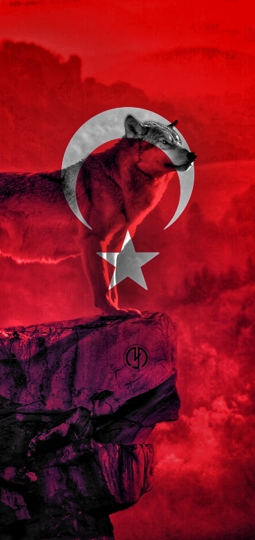 Turkish Bozkurt Wolf Standing on Rock with Crescent and Star Flag Design HD phone wallpaper