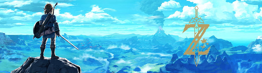 Link overlooking Hyrule landscape with Master Sword and Zelda logo in blue sky HD wallpaper