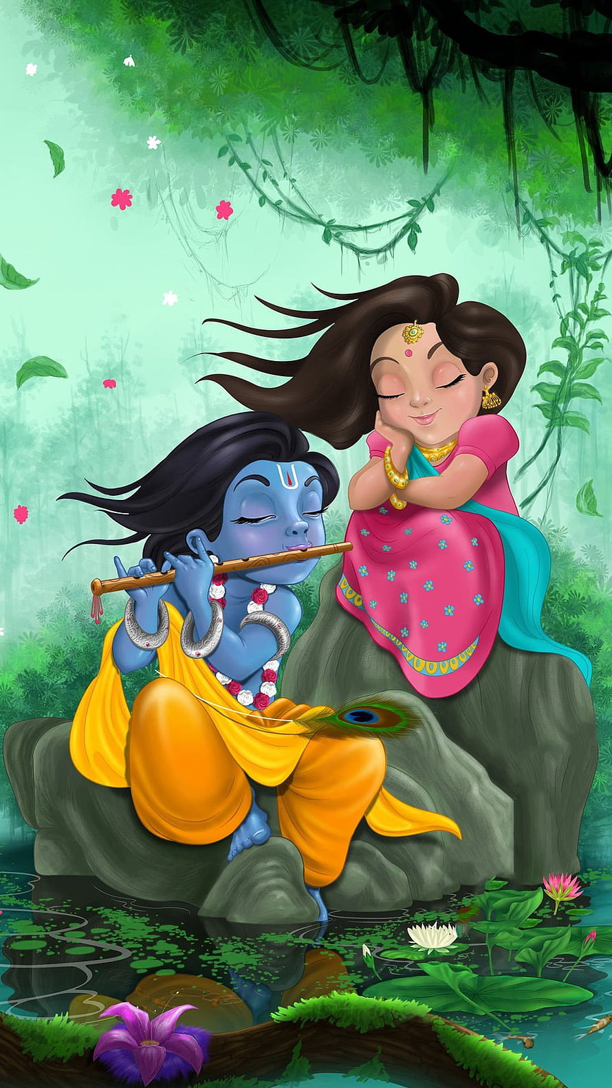 Radha Krishna Playing Flute in Lush Forest Wallpaper HD phone wallpaper