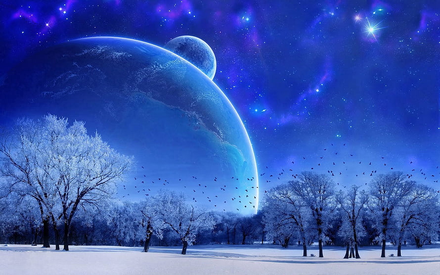 Snowy Winter Forest Landscape with Giant Blue Planet and Starry Night Sky HD wallpaper