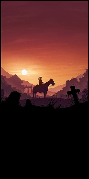 Silhouette of a Cowboy on Horseback at Sunset with Mountains and Graveyard HD phone wallpaper