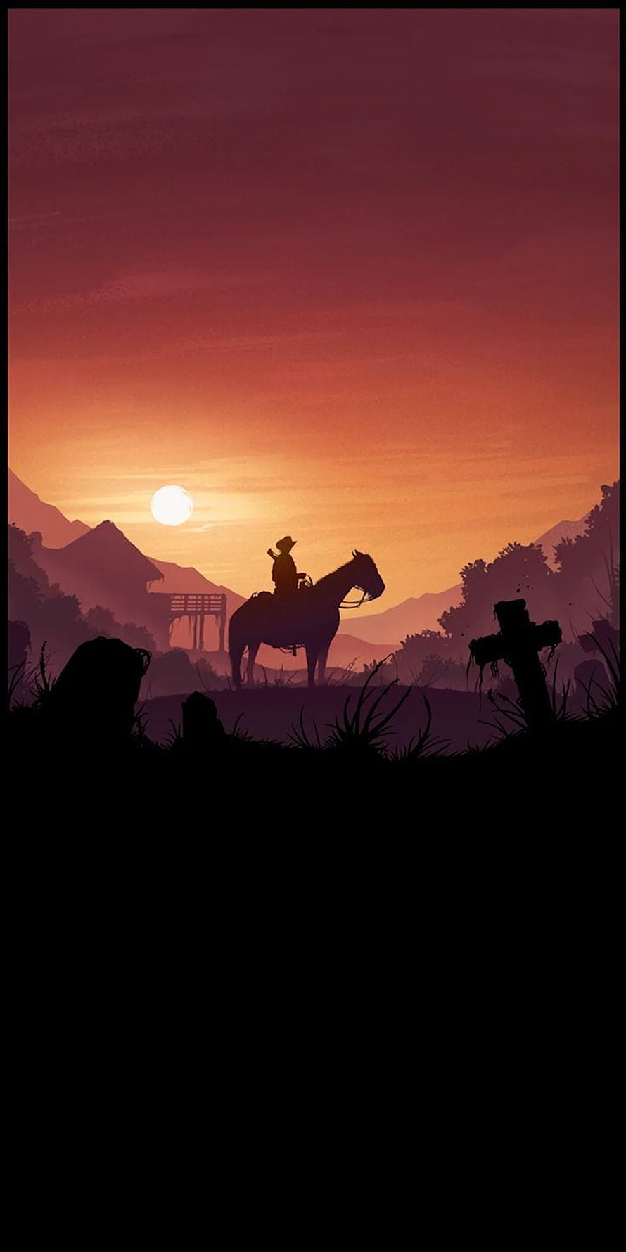 Silhouette of a Cowboy on Horseback at Sunset with Mountains and Graveyard HD phone wallpaper