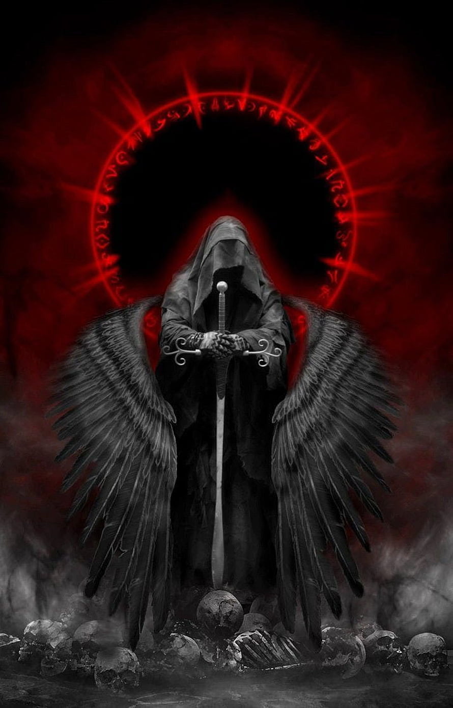 Dark Angel Reaper With Black Wings Holding Sword Amidst Skulls And Red Magic Circle HD phone wallpaper