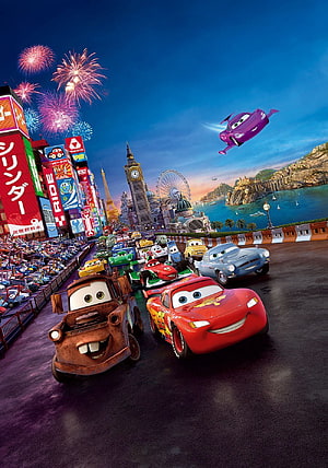 Lightning McQueen and Mater racing through a global cityscape with fireworks in Cars 3 HD phone wallpaper