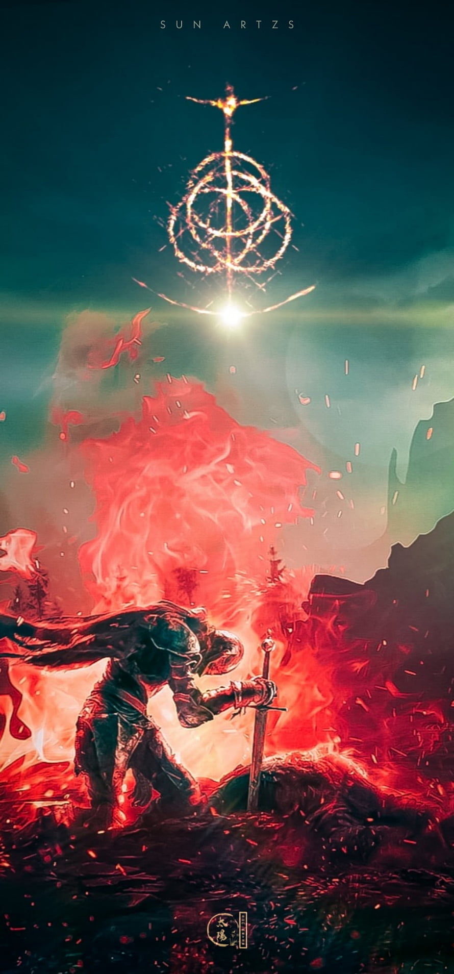 Dark Fantasy Knight Kneeling Before Fiery Rune Symbol in Red Inferno HD phone wallpaper
