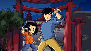 Jackie Chan Adventures Animated Duo in Martial Arts Stance Before Red Torii Gate HD wallpaper