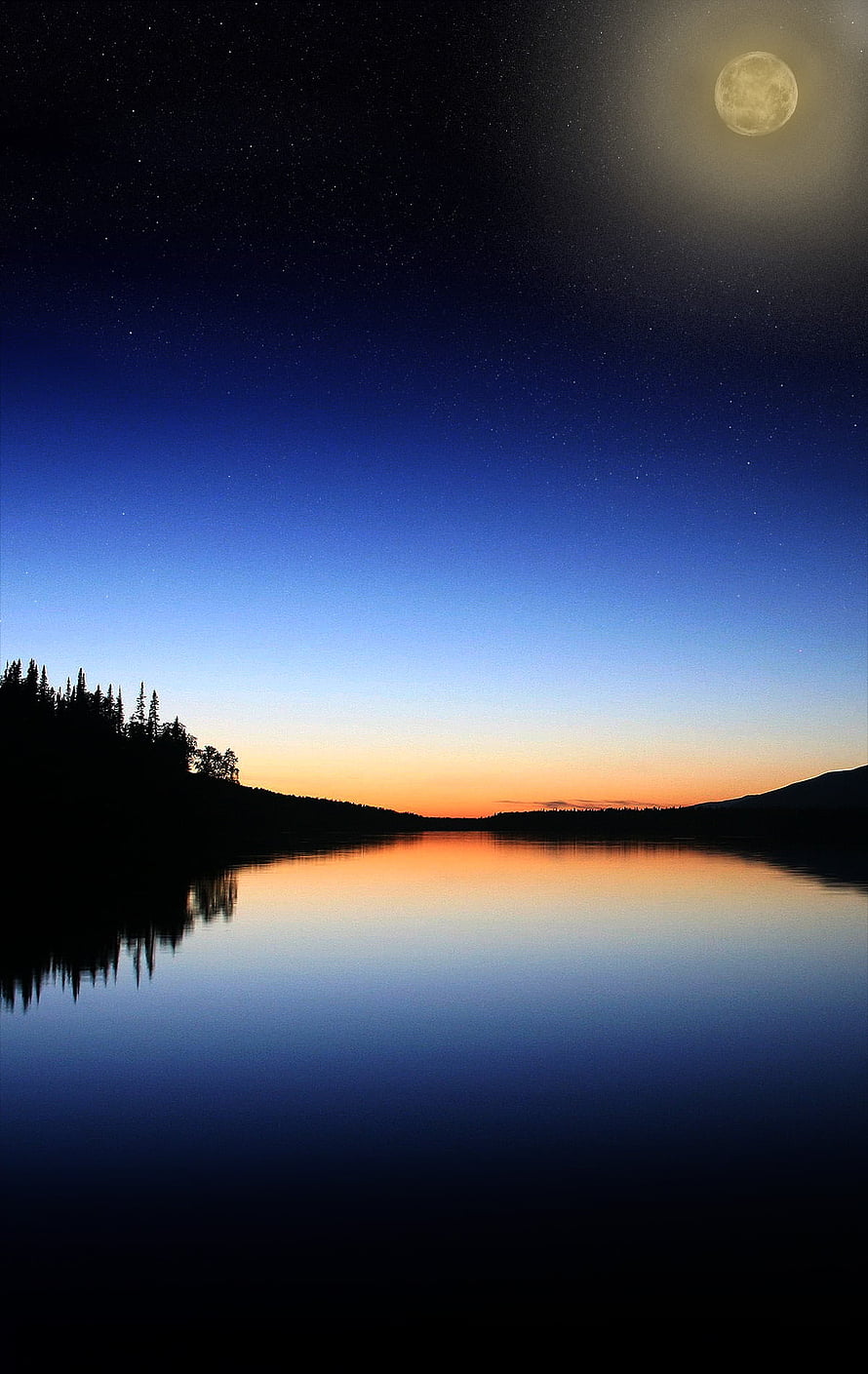 Full Moon Over a Serene Lake at Twilight with Starry Night Sky and Pine Tree Silhouettes HD phone wallpaper