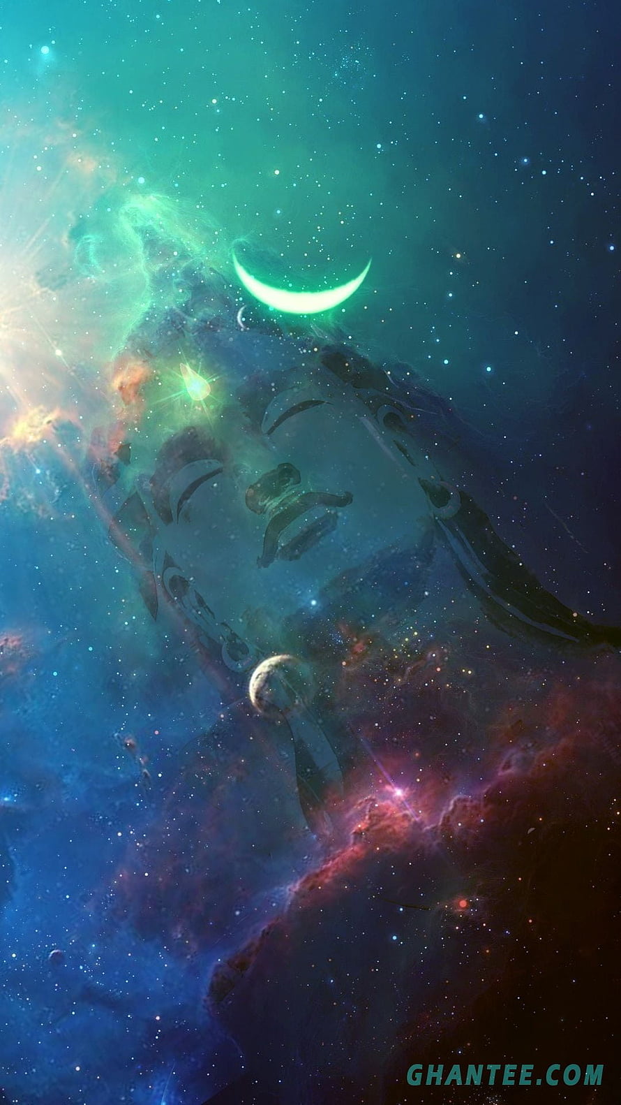 Cosmic Buddha Face in Nebula with Crescent Moon and Stars HD phone wallpaper
