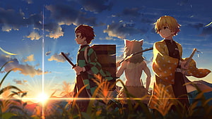 Tanjiro, Zenitsu, and Inosuke Walking at Sunset - Demon Slayer Anime Wallpaper HD wallpaper
