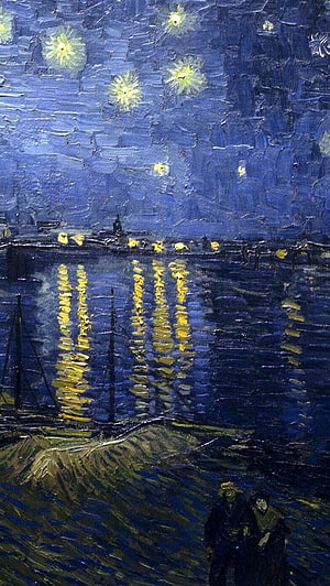 Vincent van Gogh Starry Night Over the Rhône Oil Painting with Two Figures and Water Reflections HD phone wallpaper