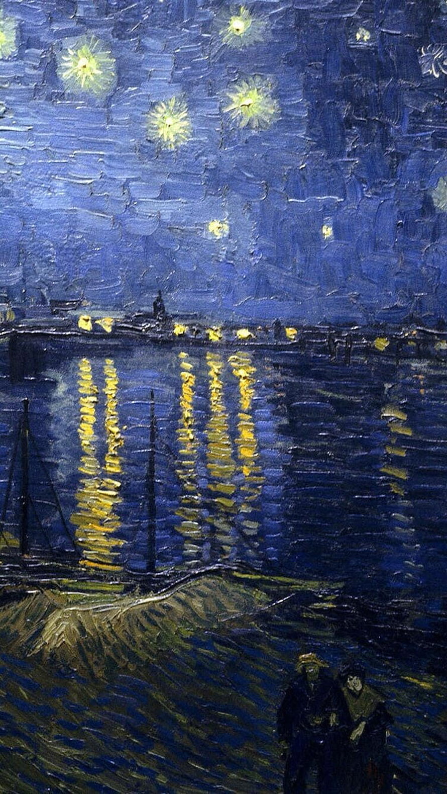 Vincent van Gogh Starry Night Over the Rhône Oil Painting with Two Figures and Water Reflections HD phone wallpaper