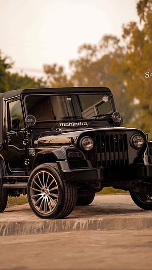 Black Mahindra Thar Off-Road SUV with Custom Alloy Wheels HD phone wallpaper