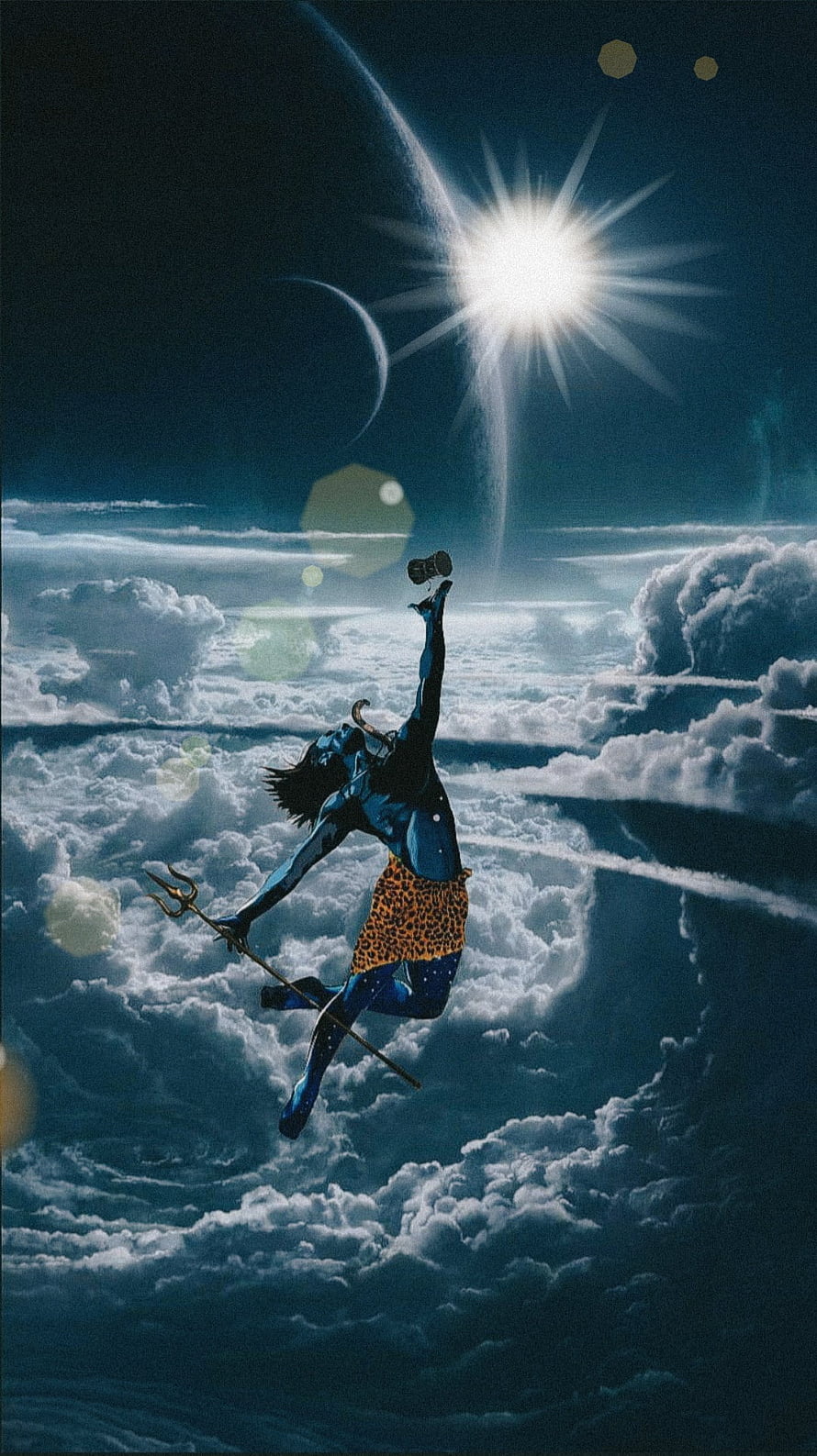 Blue Skinned Mythological Figure Dancing in Clouds with Trident and Cosmic Background HD phone wallpaper