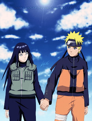 Naruto Uzumaki and Hinata Hyuga holding hands under a bright blue sky anime wallpaper HD phone wallpaper
