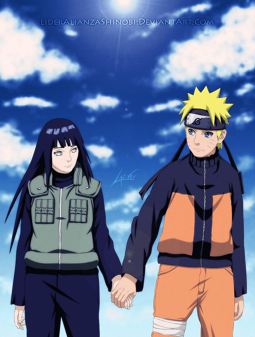Naruto Uzumaki and Hinata Hyuga holding hands under a bright blue sky anime wallpaper HD phone wallpaper