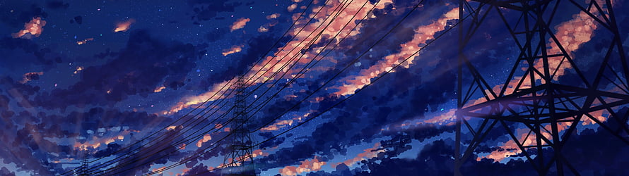 Anime Style Twilight Sky With Power Lines And Transmission Towers HD wallpaper