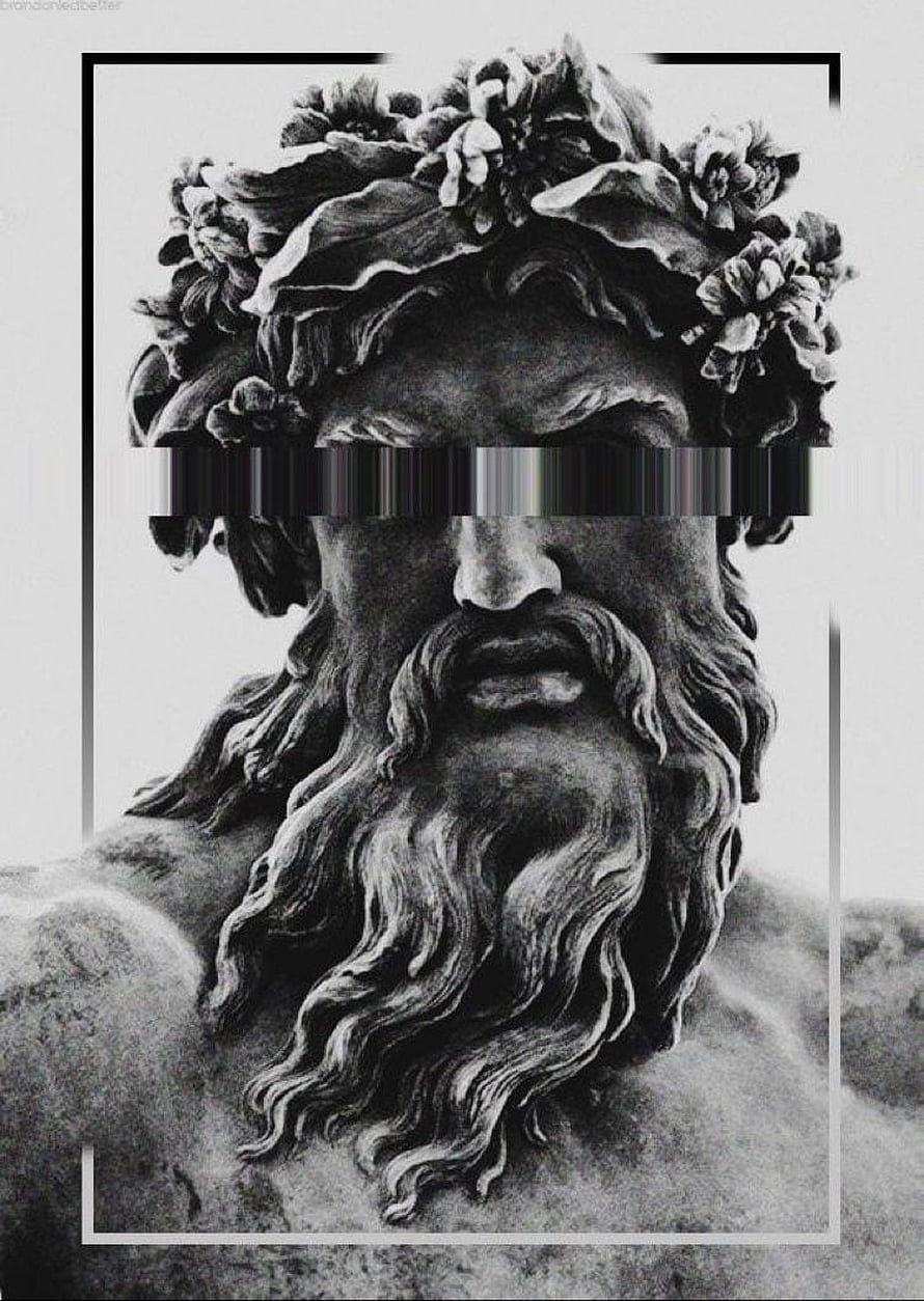Black and white Poseidon statue with floral crown and glitch art effect HD phone wallpaper