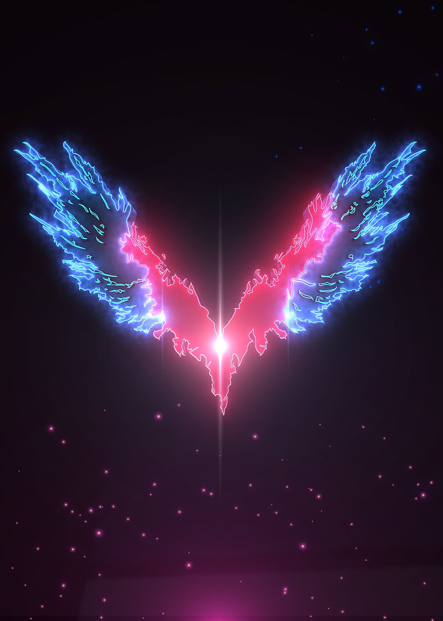 Devil May Cry 5 Neon Wings Emblem with Electric Blue and Pink Glow on Dark Background HD phone wallpaper