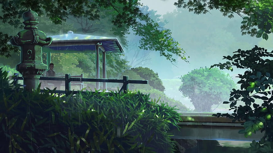 The Garden of Words Rainy Japanese Garden Scene with Stone Lantern and Pavilion HD wallpaper