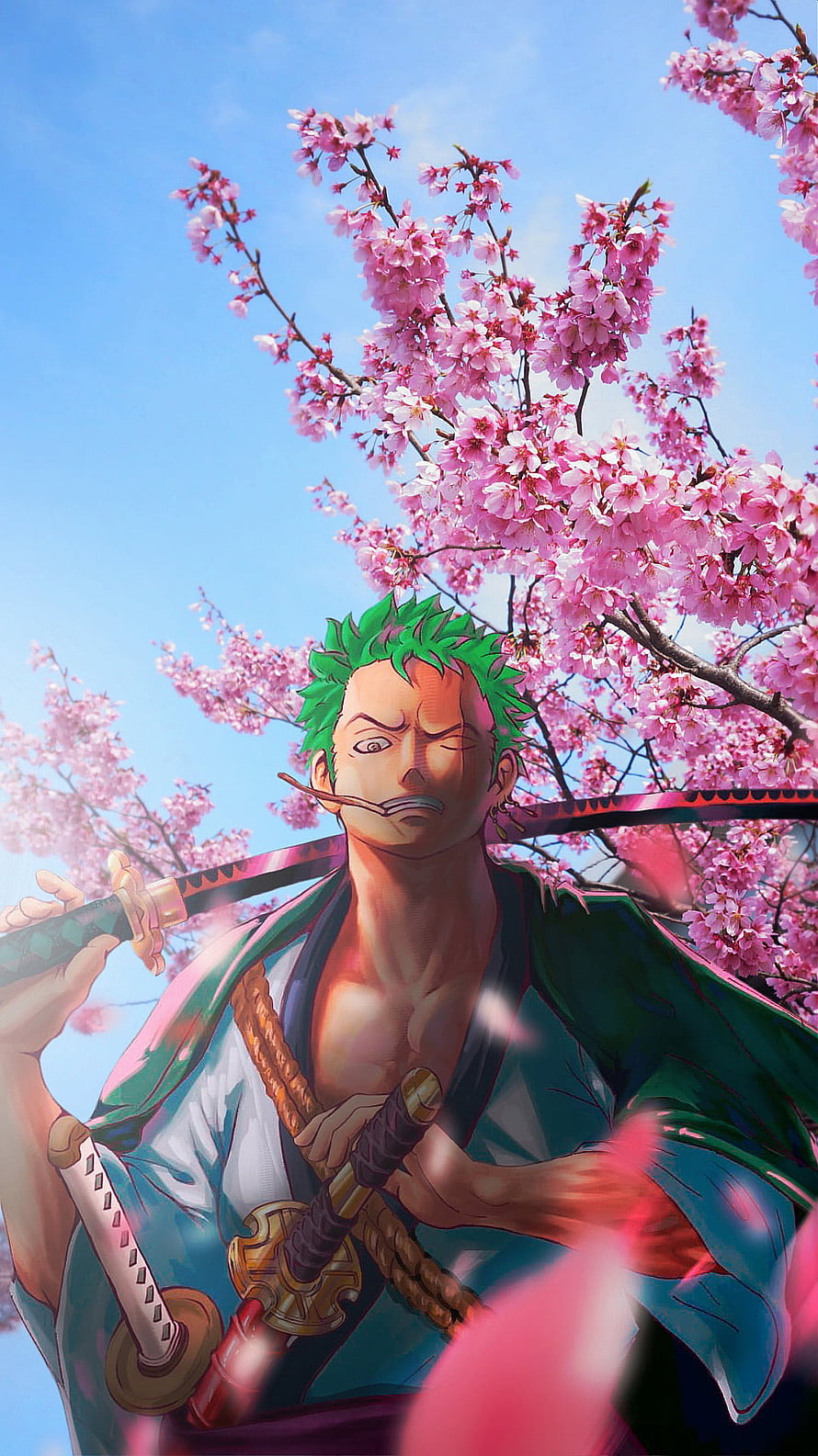 Roronoa Zoro Winking Under Cherry Blossoms Anime Wallpaper HD phone wallpaper