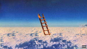 Burning Wooden Ladder Reaching Into Starry Night Sky Above Clouds HD wallpaper