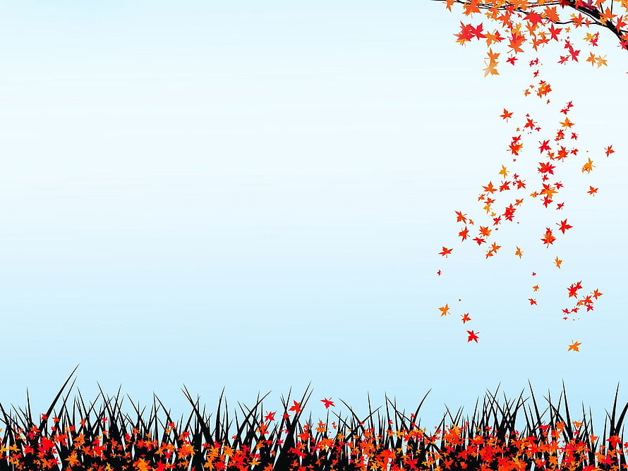 Autumn Maple Leaves Falling Over Silhouetted Grass Against a Pale Sky HD wallpaper